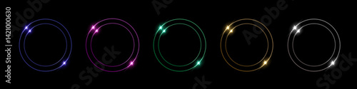 Color neon light round frames. Futuristic colorful vibrant glowing buttons. Abstract vector illustrations set for UI design, sci-fi elements, modern tech interfaces.