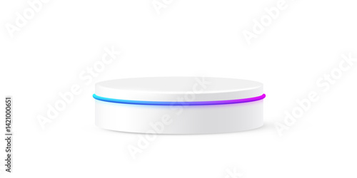 White round podium with glow neon line. Product display stand isolated on white background. Cosmetic showcase pedestal, platform, stage for product presentation. Realistic vector illustration.