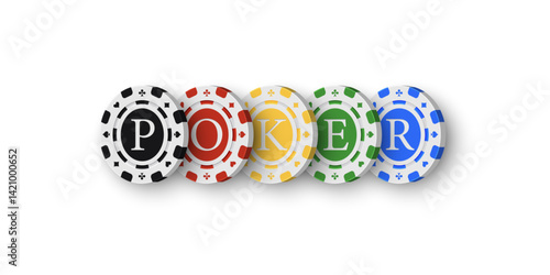 POKER word made of casino chips. Casino game icons of black, green, yellow, blue, red colors. Gambling design. UI element. Realistic vector illustration isolated on white.