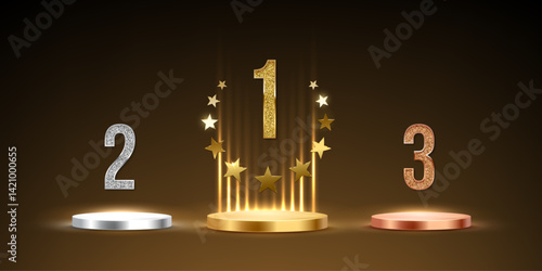 Gold, silver and bronze award podiums isolated on black background. Golden winner podium with glowing light rays and number 1. Winner ceremony. Abstract vector illustration.