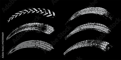 Tire track set. White tyre marks of car, bike, motorcycle with grunge effect on black background. Wheel footprint, road element, dirty rubber protector pattern. Realistic vector illustration.