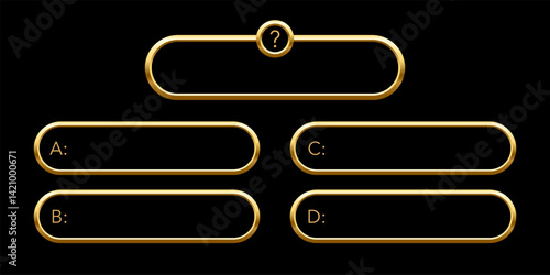 Quiz template. Trivia game layout. Question and answer golden frames isolated on black for TV show or social media. Multiple choice test. Vector illustration.