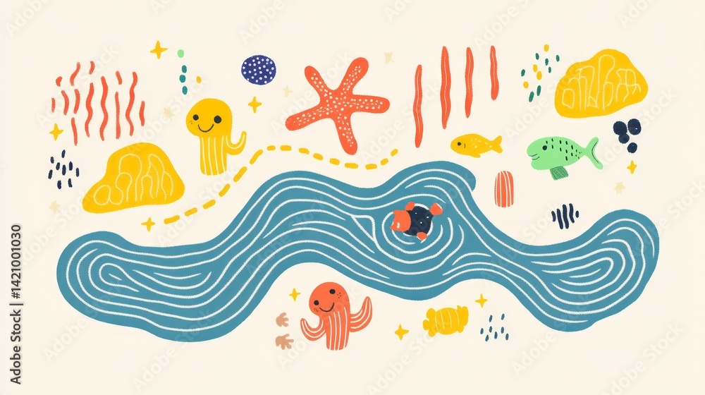 Playful underwater scene with stylized sea creatures and elements Playful underwater scene with stylized sea creatures and elements