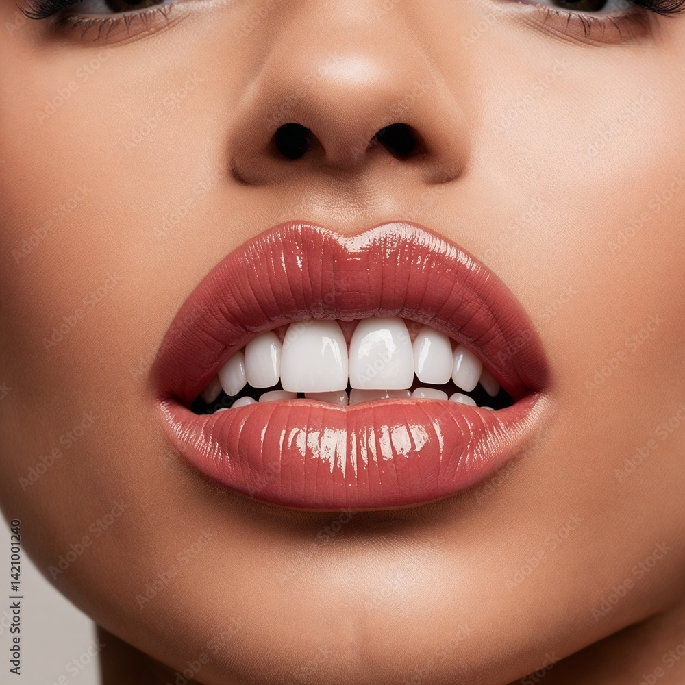 Fototapeta premium Close-up of perfect lips with glossy lipstick and bright white teeth 