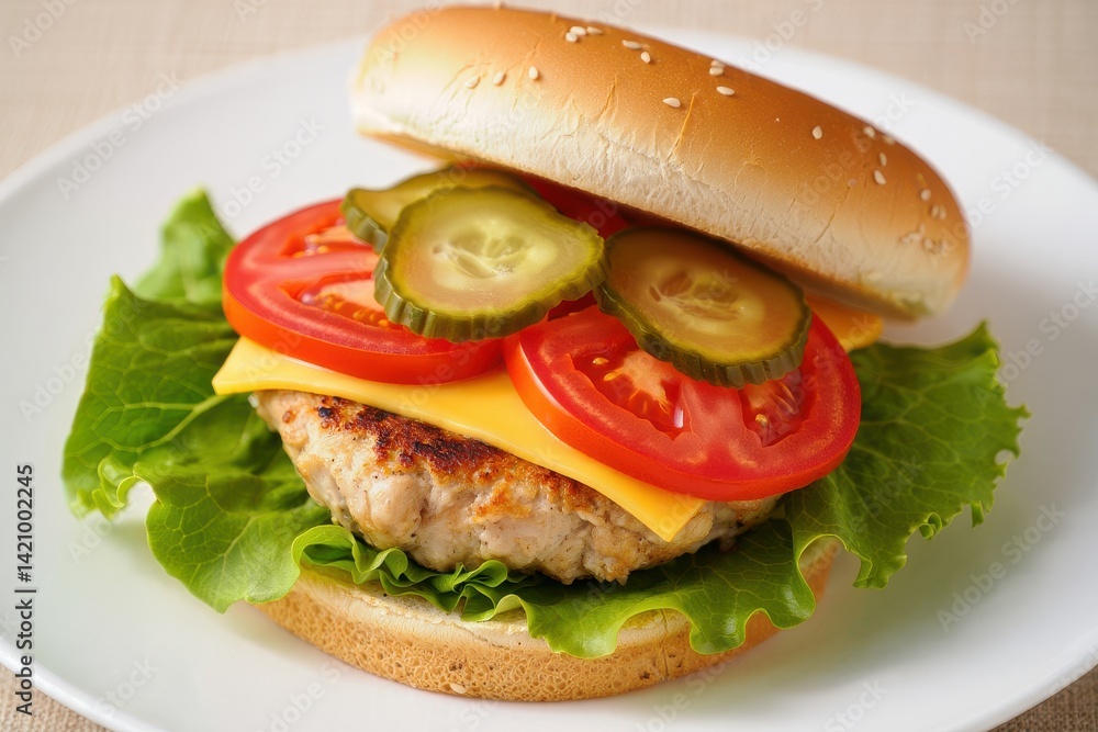 Chicken hamburger. Sandwich with chicken burger, tomatoes, cheese, pickled cucumber and lettuce. Cheeseburger. Chicken hamburger. Sandwich with chicken burger, tomatoes, cheese, pickled cucumber and lettuce. Cheeseburger.