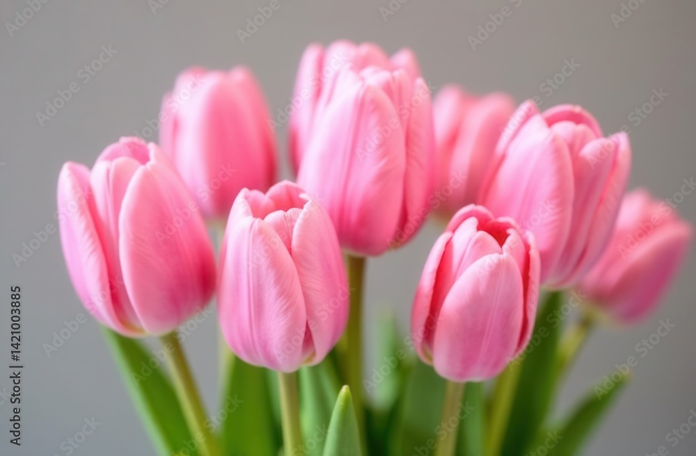 Naklejka premium Vibrant pink tulips in full bloom against a subtle grey background