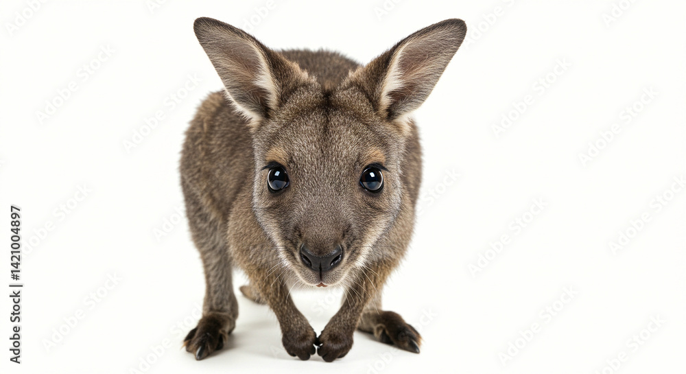 Fototapeta premium Cute Wallaby Standing and Looking at Camera on White Background