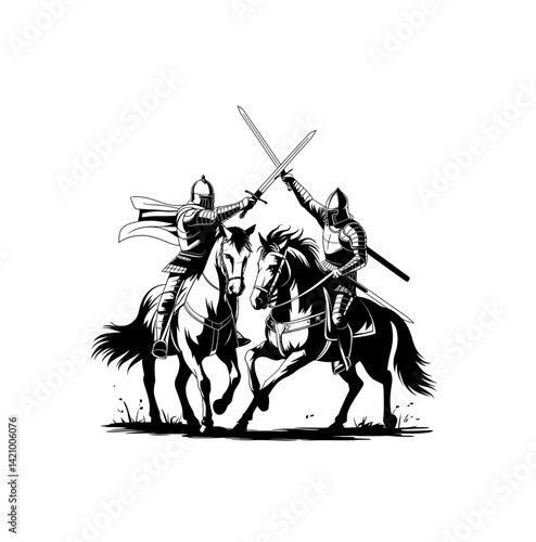 Sword fight between two cavalry soldiers vector illustration in black color isolated on white background. Two  horse-back soldiers fighting with sword.