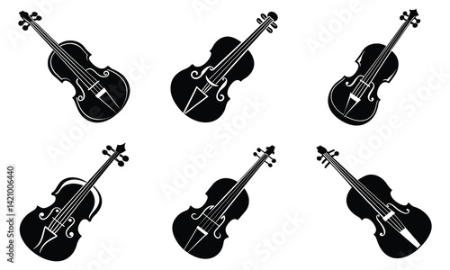 This isolated vector set features a musical violin a string instrument among other music tools and equipment
