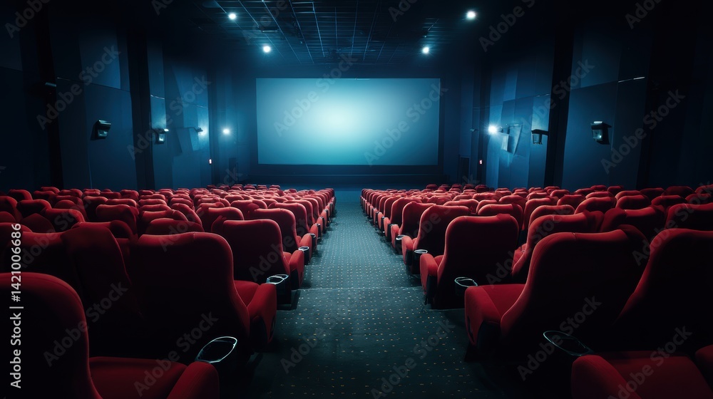People in the cinema auditorium with Cinema blank wide screen and red chairs in the cinema hall,People silhouettes watching movie performance,empty white screen,space for text,copy space. People in the cinema auditorium with Cinema blank wide screen and red chairs in the cinema hall,People silhouettes watching movie performance,empty white screen,space for text,copy space.