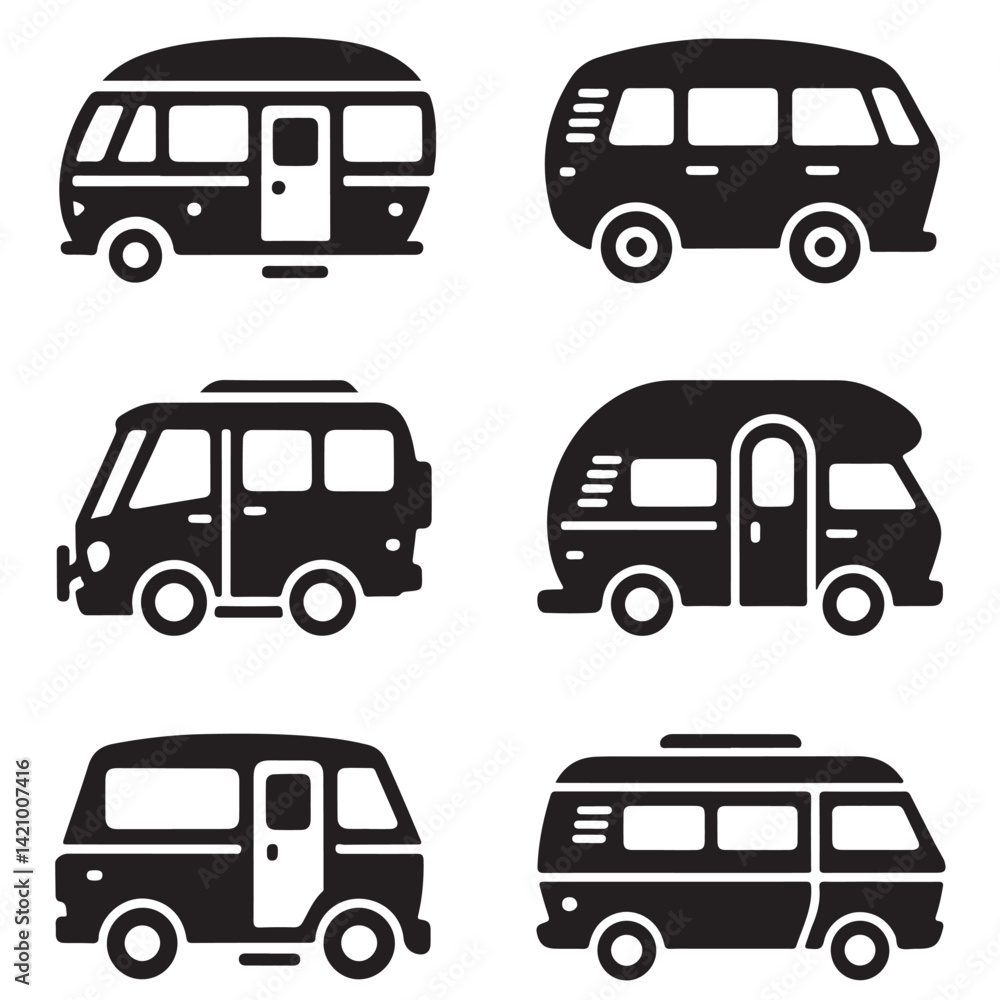 camper vans black vector icon silhouettes