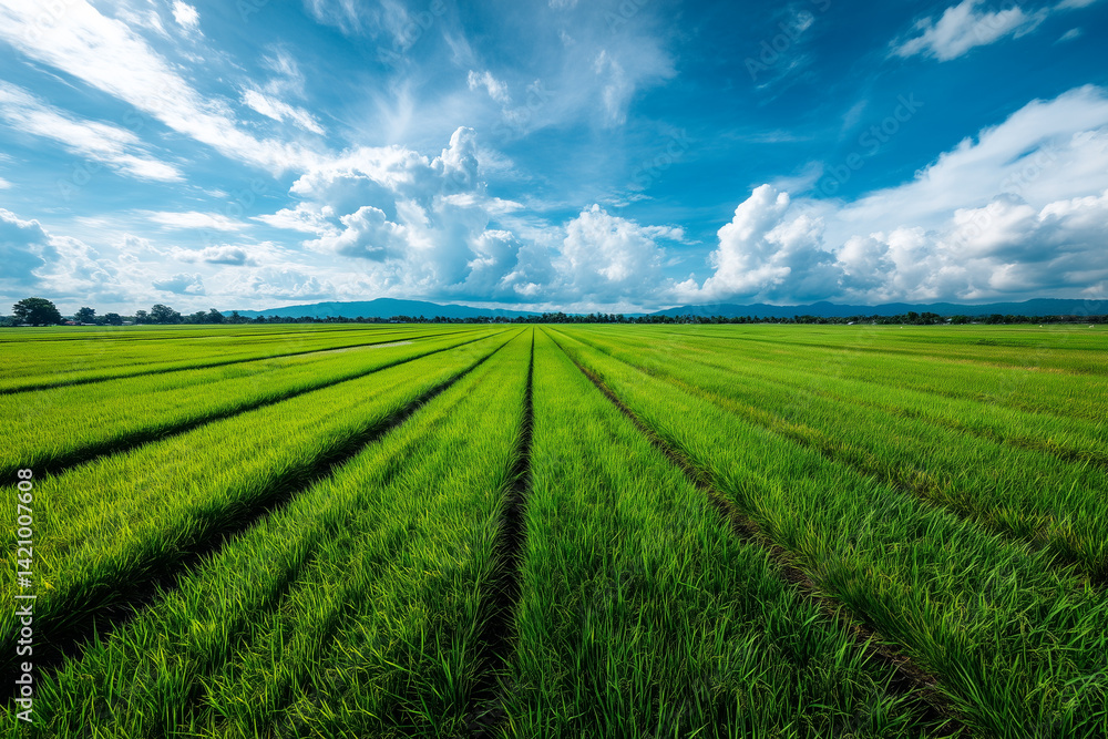 A lush rice paddy field with neat, under a bright, sunset sky, green rows stretching A lush rice paddy field with neat, under a bright, sunset sky, green rows stretching