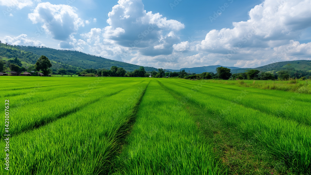 Fototapeta premium A lush rice paddy field with neat, under a bright, sunset sky, green rows stretching