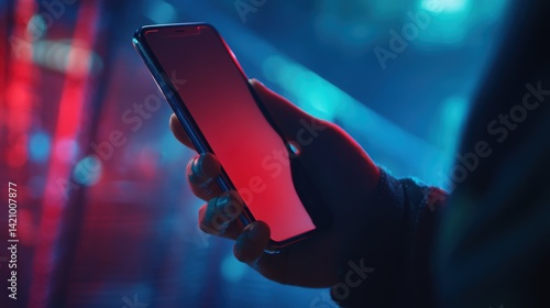 Close up Young man's hand holding mobile phone with empty screen against neon purple blue background,Male hand with smartphone. Blank white screen. Mock-up Red and blue neon light in dark black room.