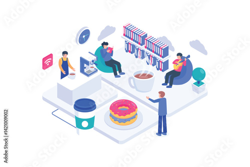 Isometric cafe scene reading music coffee donuts  community