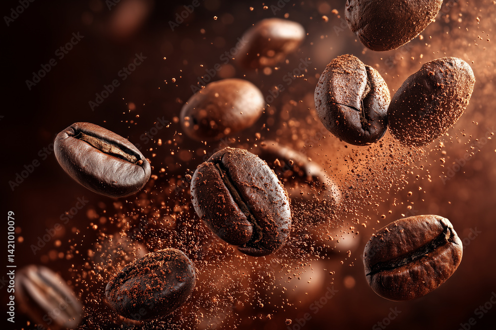 .Coffee beans flying in the air with coffee powder, commercial photography, background is dark brown .Coffee beans flying in the air with coffee powder, commercial photography, background is dark brown