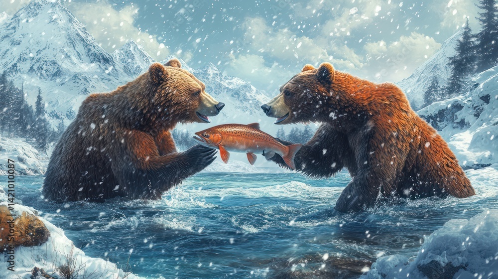 Fototapeta premium Grizzly bears sharing salmon, snowy mountains, winter river, wildlife scene