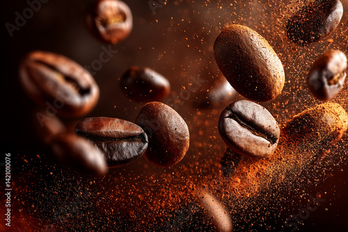 .Coffee beans flying in the air with coffee powder, commercial photography, background is dark brown