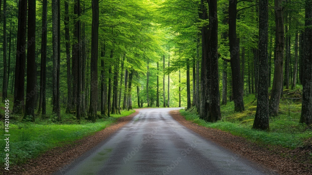 Obraz premium Enchanting pathway through vibrant green forest after the gentle rain, serene nature
