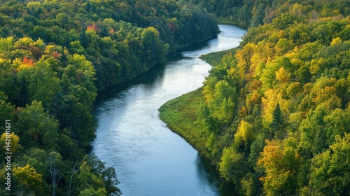 Aerial view of a pristine river flowing through a vibrant deciduous forest