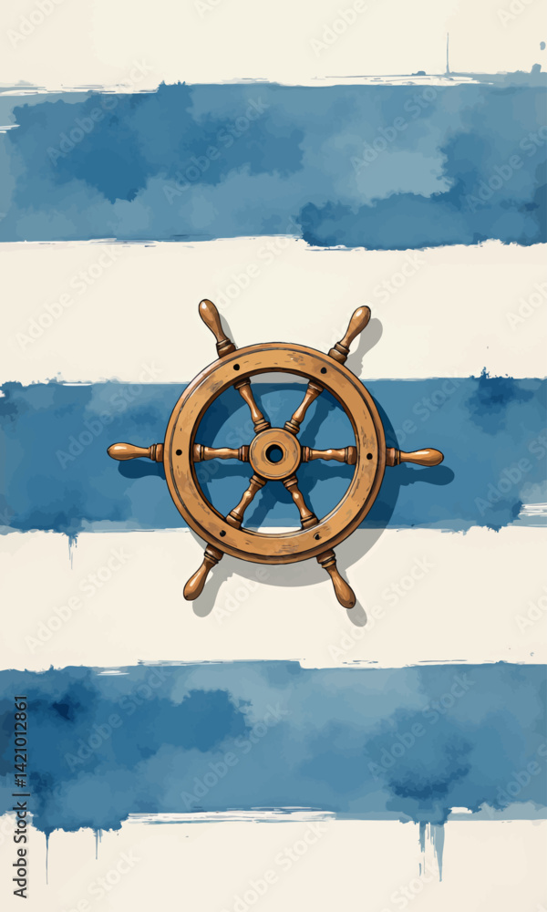 Wooden Ship Wheel on Blue Watercolor Stripes