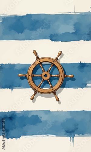 Obraz na płótnie Wooden Ship Wheel on Blue Watercolor Stripes w salonie