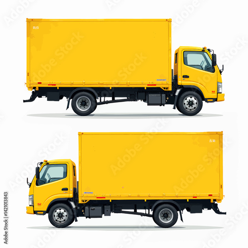 Two Yellow Box Trucks Side View on White
