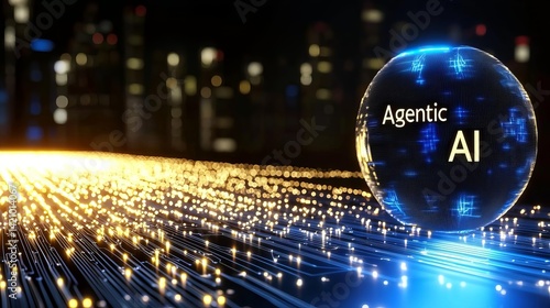 Futuristic AI concept with glowing data trail. Agentic AI