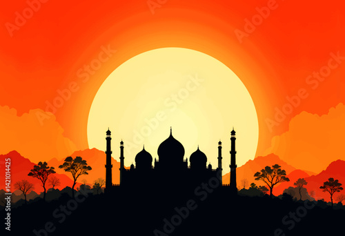 Taj Mahal Silhouette at Sunset with Trees