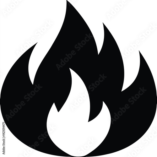 Bold monochrome rendering of a classic fire flame, representing energy, warmth, and transformation. A minimalist graphic perfect for diverse applications.