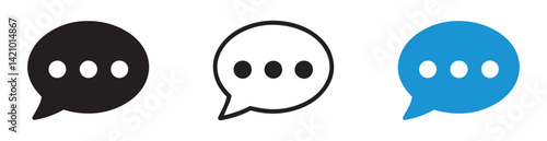 Simple, vector graphic of a speech bubble icon displayed in three different color variations: black, white outline, and blue.