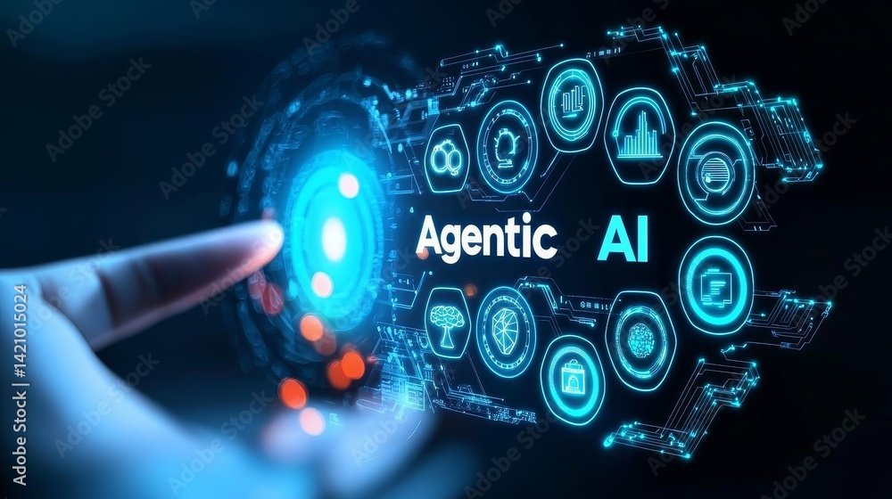 Fototapeta premium Futuristic AI interface with digital hand. Agentic AI