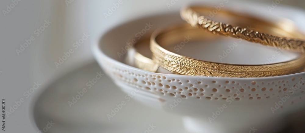 Elegant golden bangle bracelets resting in a textured ceramic dish indoors Elegant golden bangle bracelets resting in a textured ceramic dish indoors