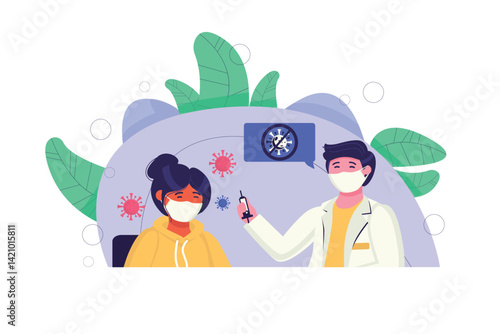 Doctor giving vaccine shot to patient in mask with virusfree message
