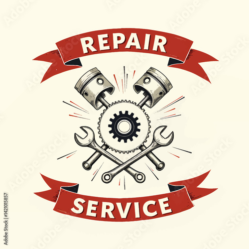 Repair Service Logo with Pistons, Gear, and Wrenches