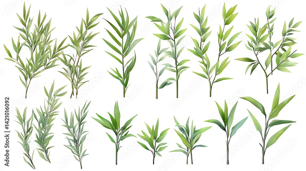Obraz premium Bamboo leaves isolated on white background with clipping path. Close up.