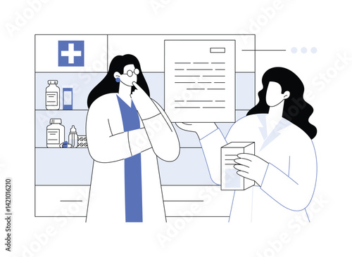 Doctors review a prescription framed by a pharmacy shelf with meds