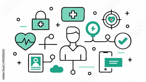 Health Care Icons in Digital Line Style for Telemedicine, EHR Systems, and Medical Tech Applications