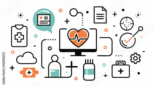 Professional Line Icons for Digital Health Care Concepts Including Monitoring, Treatment, and Wellness Apps