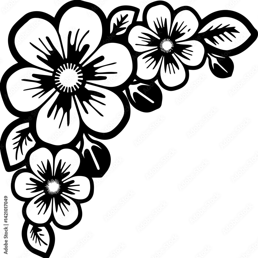 Cherry blossom corner border design, SVG with clean lines. Black and White Floral Design with Blossoming Flowers Cherry blossom corner border design, SVG with clean lines. Black and White Floral Design with Blossoming Flowers