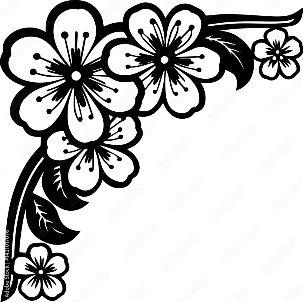 Cherry blossom corner border design, SVG with clean lines. Black and White Floral Design with Swirling Elements Cherry blossom corner border design, SVG with clean lines. Black and White Floral Design with Swirling Elements