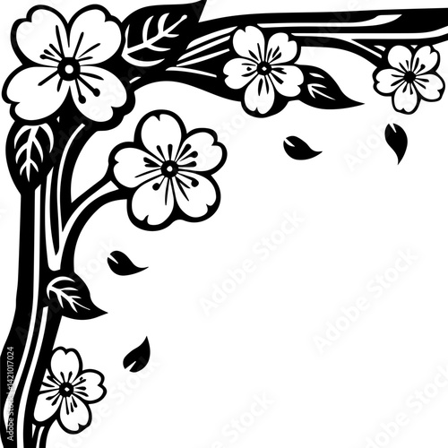 Cherry blossom corner border design, SVG with clean lines. Elegant Blossom Design in Black and White for Decorations