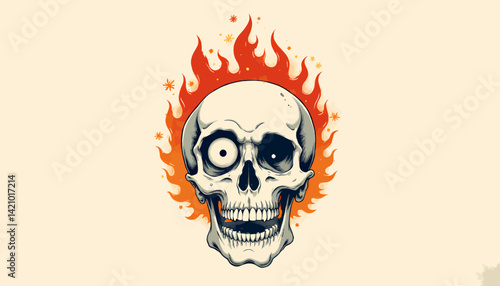 One-eyed Skull engulfed in stylized orange flames