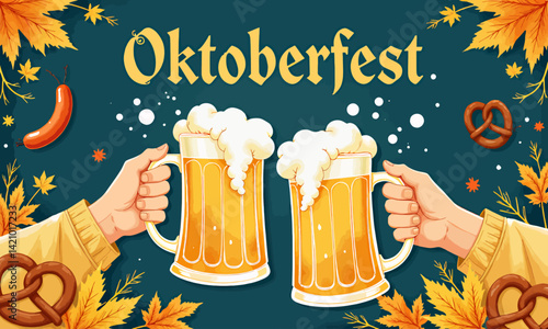 Oktoberfest beer cheers with pretzels and sausage illustration