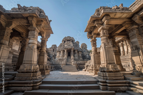 The main gate is framed by towering columns with statues carved into them, leading up towards two grand structures that resemble temples