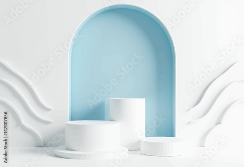 Obraz na płótnie Minimalist White Podiums with Blue Arch Backdrop w salonie