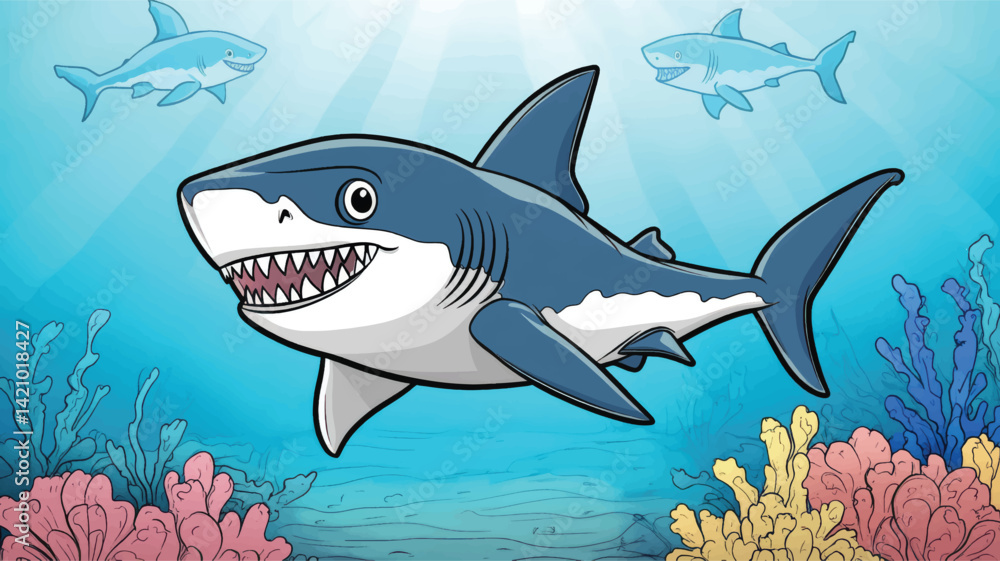 Fototapeta premium Cute_Shark Cartoon Coloring Page For Kids