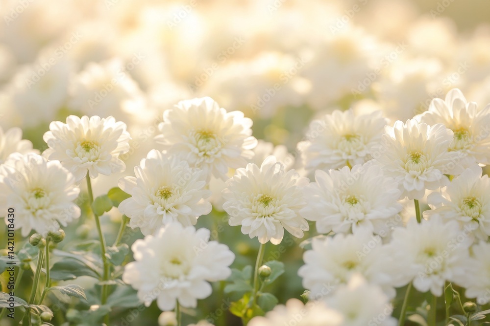 Obraz premium Delicate white chrysanthemum blossoms in sunlight. Soft focus, close-up view of many small, elegant white flowers. Sunlight casts a warm glow