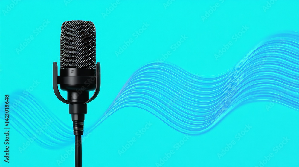 Fototapeta premium A black studio microphone with a textured metal body and attached pop filter, framed by a glowing blue soundwave pulsing through a vibrant blue-to-cyan gradient background. Generative AI