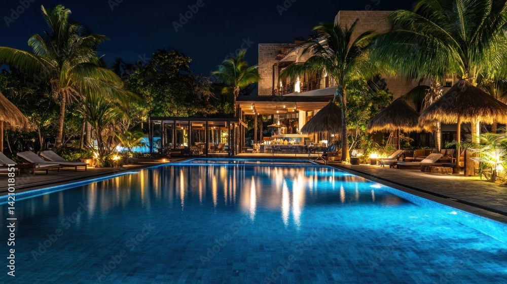 Luxurious tropical resort swimming pool illuminated at twilight ambiance Luxurious tropical resort swimming pool illuminated at twilight ambiance